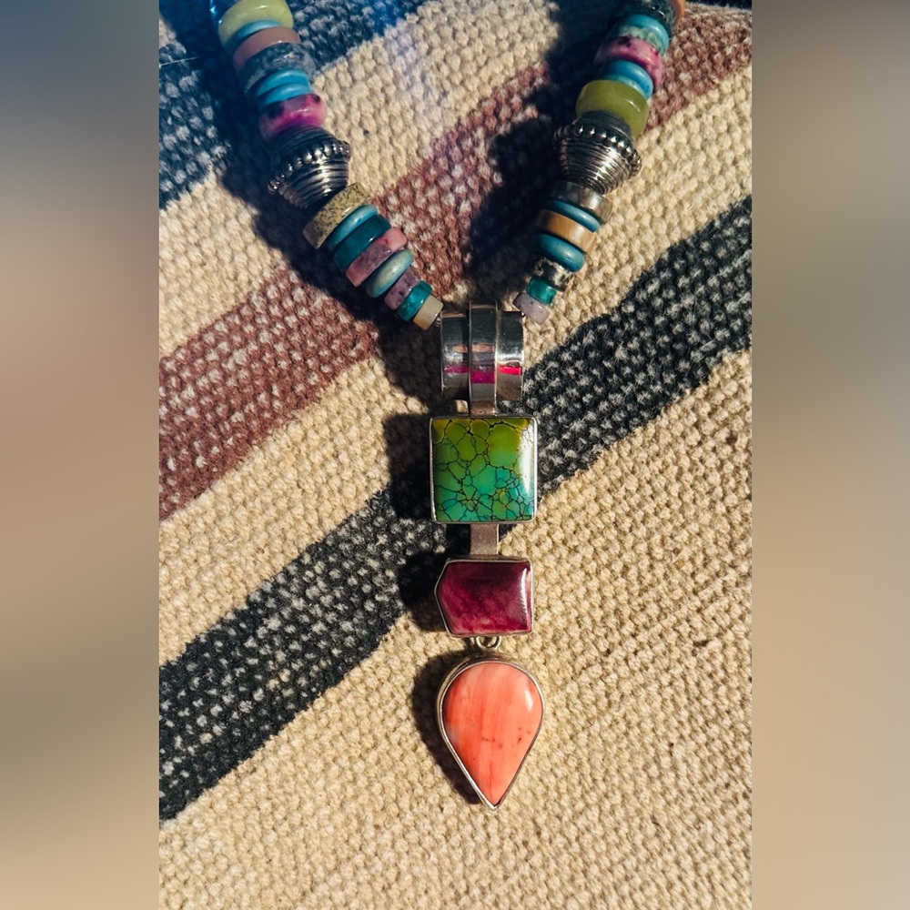 Sterling pendant Turquoise, purple spiny oyster and coral spiny oyster